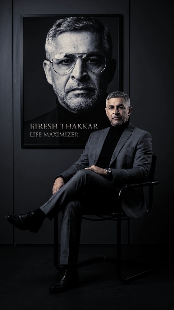 Biresh Thakkar beside the Life Maximizer portrait